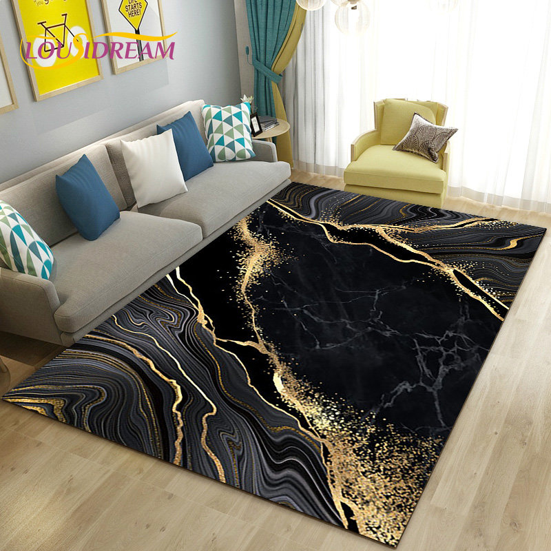 Home Textiles Rug - Nordic Zwart Goud Blauw Marmer Vloerkleed